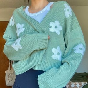 Cropped Floral Button Sweater, Green oversized cardigan, slouchy bubble sweater